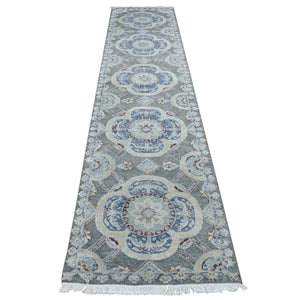 2'6"x12' Nevada Gray, Silk with Textured Wool, Neo Classic Design with Large Geometrical Flower Motif, Hand Knotted, Runner Oriental Rug FWR523818