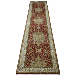 2'4"x11'5" Barn Red, Kashan Revival, New Zealand Wool, Hand Knotted, 300 KPSI, Runner Oriental Rug FWR523830