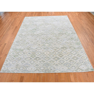 8'9"x11'10" Gainsboro Gray, Geometrical Pastel Design, Pure Silk, Soft to The Touch, Hand Knotted, Oriental Rug FWR523908