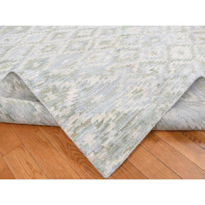 8'9"x11'10" Gainsboro Gray, Geometrical Pastel Design, Pure Silk, Soft to The Touch, Hand Knotted, Oriental Rug FWR523908