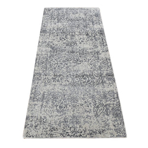 2'5"x6'1" Agreeable Gray, Fine Jacquard Hand Loomed, Erased Design, Wool and Art Silk, Runner Oriental Rug FWR523968