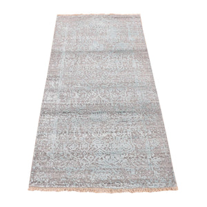 2'6"x5'8" Seafoam Green, Wool and Silk, Hand Knotted, Broken Persian Design, Runner Oriental Rug FWR523974