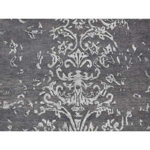2'9"x6'9" Arsenic Gray, Broken and Erased Abarasque Design, Wool and Silk, Tone on Tone, Handmade, Runner Oriental Rug FWR523980