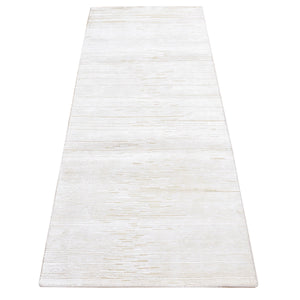 2'6"x6'5" Ivory, Silk with Textured Wool, Hand Knotted, Tone on Tone, Striae Design, Hi-Lo Pile, Runner Oriental Rug FWR523992