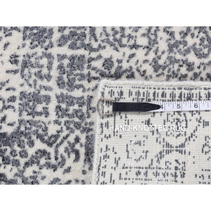 2'5"x5'10" Granite Black, Hand Loomed, Broken and Erased Mamluk Design, Wool and Art Silk, Runner Oriental Rug FWR524046