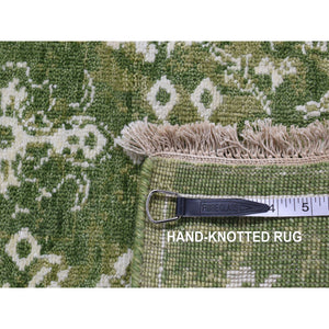 2'6"x6' Olive Green, Tabriz Tone on Tone, Wool and Silk, Hand Knotted, Runner Oriental Rug FWR524064