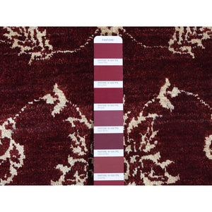 2'8"x6' Sangria Red, Pure Wool, Tone on Tone, Abarasque Design Agra, Hand Knotted, Runner Oriental Rug FWR524124