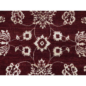2'8"x6' Sangria Red, Pure Wool, Tone on Tone, Abarasque Design Agra, Hand Knotted, Runner Oriental Rug FWR524124