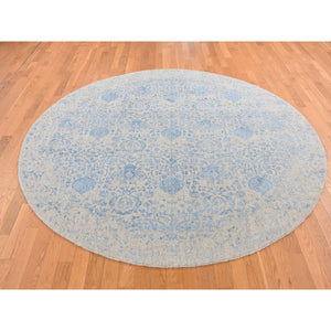 7'9"x7'9" Taupe Color, Broken and Erased Pomegranate Design, Tone on Tone, Jacquard Hand Loomed, Wool and Art Silk, Round Oriental Rug FWR524160