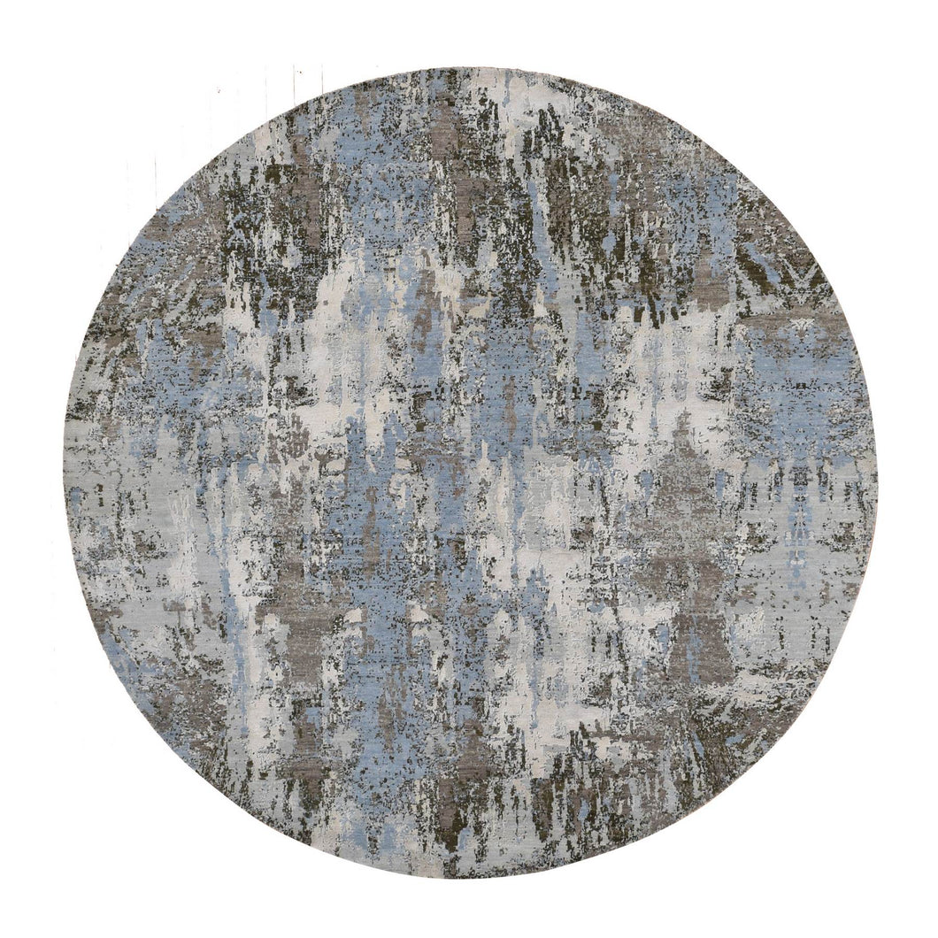 8'x8' Beau Blue, Abstract Design, Wool and Pure Silk, Hand Knotted, Round Oriental Rug FWR524184