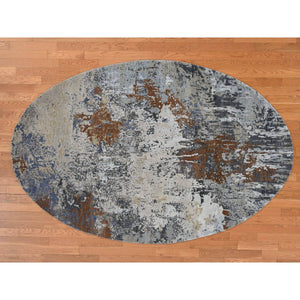 6'x9' Cinnamon Brown, Oval Abstract Galaxy Design, Wool and Pure Silk, Hand Knotted, Round Oriental Rug FWR524220