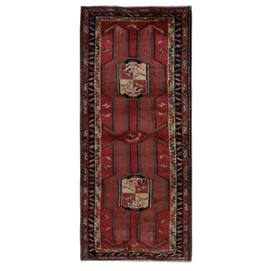 4'1"x9'7" Chili Red, Vintage Bohemian North West Persian with Large Elements Design, Hand Knotted, Pure Wool, Wide Runner Oriental Rug FWR524256