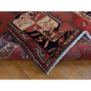 4'1"x9'7" Chili Red, Vintage Bohemian North West Persian with Large Elements Design, Hand Knotted, Pure Wool, Wide Runner Oriental Rug FWR524256