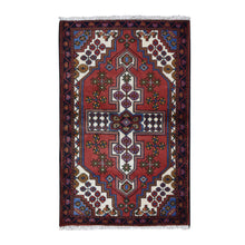 Load image into Gallery viewer, 3&#39;5&quot;x5&#39;3&quot; Cardinals Red, New Persian Hamadan with Cross Design, Pure Wool, Hand Knotted, Oriental Rug FWR524274