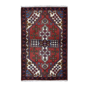 3'5"x5'3" Cardinals Red, New Persian Hamadan with Cross Design, Pure Wool, Hand Knotted, Oriental Rug FWR524274