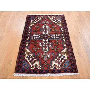 3'5"x5'3" Cardinals Red, New Persian Hamadan with Cross Design, Pure Wool, Hand Knotted, Oriental Rug FWR524274