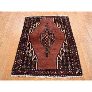 3'6"x4'7" Fire Brick Red, New Open Field Persian Mazlagen, Hand Knotted, Pure Wool, Oriental Rug FWR524280