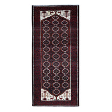 Load image into Gallery viewer, 3&#39;8&quot;x8&#39; Vermilion Red, Vintage Persian Baluch, Repetitive Gul Motif with Peacocks Design, Pure Wool, Hand Knotted, Wide Runner Oriental Rug FWR524310