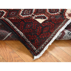 3'8"x8' Vermilion Red, Vintage Persian Baluch, Repetitive Gul Motif with Peacocks Design, Pure Wool, Hand Knotted, Wide Runner Oriental Rug FWR524310