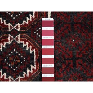 3'8"x8' Vermilion Red, Vintage Persian Baluch, Repetitive Gul Motif with Peacocks Design, Pure Wool, Hand Knotted, Wide Runner Oriental Rug FWR524310