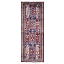 Load image into Gallery viewer, 3&#39;8&quot;x10&#39; Independence Blue, Vintage Persian Northeast, Oblengated Geometric Motifs, Pure Wool, Hand Knotted, Wide Runner Oriental Rug FWR524316