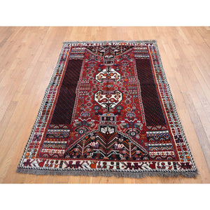 4'5"x6'5" Carmine Red, New Persian Shiraz Vase Design, Full Pile, Hand Knotted, 100% Wool, Oriental Rug FWR524322