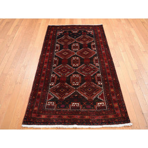 3'7"x6'5" Dark Chocolate Brown, Vintage Persian Baluch, Serrated Repetitive Geometrical Medallion Design, Excellent Condition, Pure Wool, Hand Knotted, Oriental Rug FWR524352