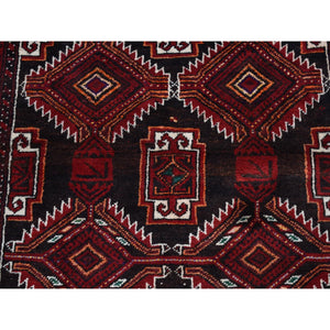 3'7"x6'5" Dark Chocolate Brown, Vintage Persian Baluch, Serrated Repetitive Geometrical Medallion Design, Excellent Condition, Pure Wool, Hand Knotted, Oriental Rug FWR524352