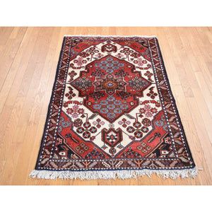 3'8"x5' Raspberry Red, New Persian Mazlagan, Geometrical Flower Boquete, Hand Knotted, Pure Wool, Oriental Rug FWR524358
