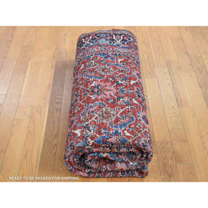 7'3"x9'7" Fire Brick Red, Antique Persian Heriz with Fish Mahi All Over Design, Full Pile, Hand Knotted, Mint Condition, Pure Wool, Clean, Oriental Rug FWR524406