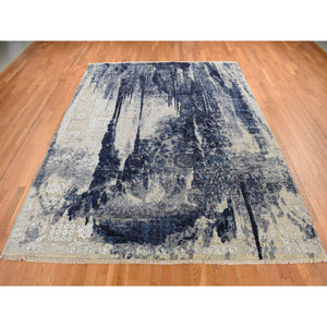 6'x8'10" Indigo Dye Blue, Wool and Silk, Japanese Shibori Design, Tone on Tone, Hand Knotted, Oriental Rug FWR524586