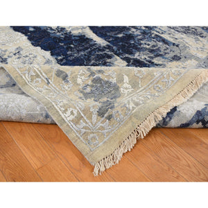 6'x8'10" Indigo Dye Blue, Wool and Silk, Japanese Shibori Design, Tone on Tone, Hand Knotted, Oriental Rug FWR524586