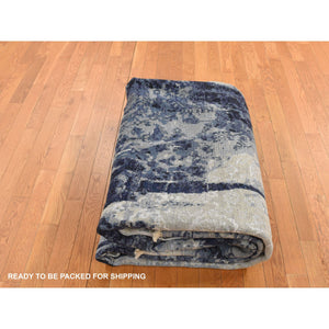 6'x8'10" Indigo Dye Blue, Wool and Silk, Japanese Shibori Design, Tone on Tone, Hand Knotted, Oriental Rug FWR524586