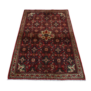 3'4"x5'6" Maroon Red, Vintage Fish Mahi Herat Design with A Blossom Center, Clean, Hand Knotted, Pure Wool, Oriental Rug FWR524598