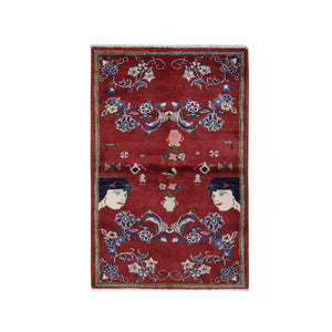 3'x4'9" Fire Brick Red, Persian Ardabil with Various Human Figurines, Pure Wool, Hand Knotted, Oriental Rug FWR524610