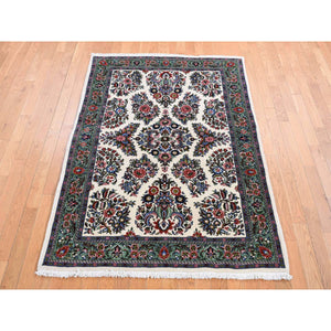 4'4"x6'8" Ivory, New Persian Sarouk, Higher KPSI, Pure Wool, Hand Knotted, Thick and Plush, Oriental Rug FWR524622