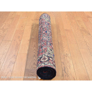 3'x6'2" Prismatic Red, Vintage Persian Hamadan, All Over Fish Mahi Design with Center Flower, Some Wear, Clean, Pure Wool, Hand Knotted, Runner Oriental Rug FWR524628