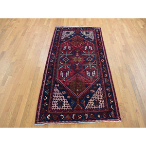 4'3''x9' Hibiscus Red, Semi Antique Persian Hamadan, Hand Made, Hand Knotted, Pure Wool, Gallery Size Wide Runner Oriental Rug FWR524640