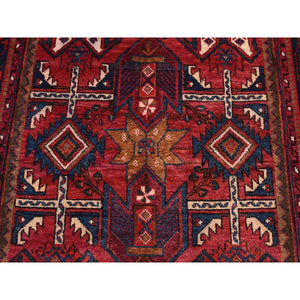 4'3''x9' Hibiscus Red, Semi Antique Persian Hamadan, Hand Made, Hand Knotted, Pure Wool, Gallery Size Wide Runner Oriental Rug FWR524640