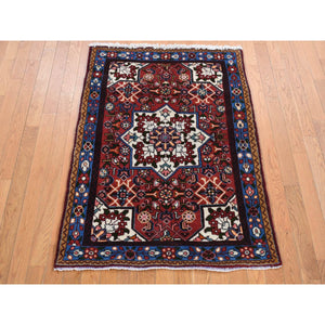 3'4"x4'10" Cardinals Red, New Bohemian Persian Hamadan Flower Bouquet Design, Pure Wool, Hand Knotted, Oriental Rug FWR524706