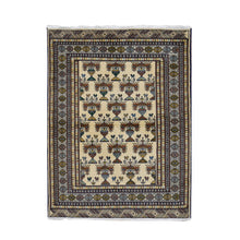 Load image into Gallery viewer, 4&#39;3&quot;x5&#39;7&quot; Cream Color, Hand Knotted, Pure Wool, Turkoman Bokara, Geometric Motif Repetitive Vase Design, Oriental Rug FWR524718