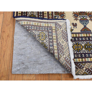 4'3"x5'7" Cream Color, Hand Knotted, Pure Wool, Turkoman Bokara, Geometric Motif Repetitive Vase Design, Oriental Rug FWR524718