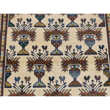 Load image into Gallery viewer, 4&#39;3&quot;x5&#39;7&quot; Cream Color, Hand Knotted, Pure Wool, Turkoman Bokara, Geometric Motif Repetitive Vase Design, Oriental Rug FWR524718