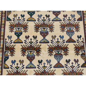 4'3"x5'7" Cream Color, Hand Knotted, Pure Wool, Turkoman Bokara, Geometric Motif Repetitive Vase Design, Oriental Rug FWR524718