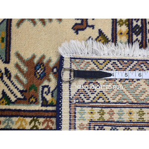 4'3"x5'7" Cream Color, Hand Knotted, Pure Wool, Turkoman Bokara, Geometric Motif Repetitive Vase Design, Oriental Rug FWR524718
