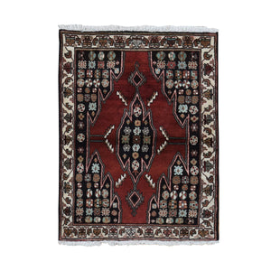 3'6"x4'8" Barn Red, New Persian Mazlagan, Open Field Geometric Design, Pure Wool, Hand Knotted, Oriental Rug FWR524724