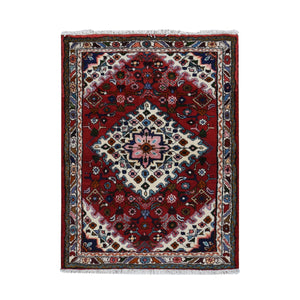 3'7"x4'8" Maroon Red, New Persian Bohemian Hamadan, Geometric Flower Design, Pure Wool, Hand Knotted, Oriental Rug FWR524742