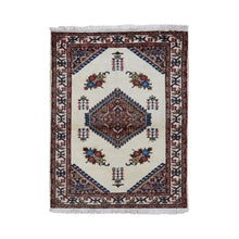 Load image into Gallery viewer, 3&#39;3&quot;x4&#39;3&quot; Ivory, New Bohemian Karabakh, Serrated Center Medallion and Flower Design, Pure Wool, Hand Knotted, Oriental Rug FWR524754
