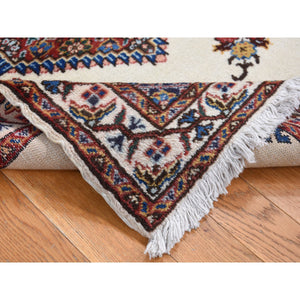 3'3"x4'3" Ivory, New Bohemian Karabakh, Serrated Center Medallion and Flower Design, Pure Wool, Hand Knotted, Oriental Rug FWR524754