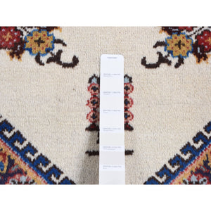 3'3"x4'3" Ivory, New Bohemian Karabakh, Serrated Center Medallion and Flower Design, Pure Wool, Hand Knotted, Oriental Rug FWR524754